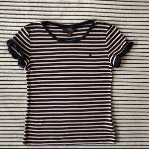 Polo Ralph Lauren Girl Pink/Navy Striped Short Ruffle Sleeve Shirt Size L(12-14)